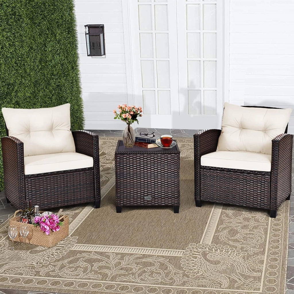 Set di 3 Pezzi di Mobili da Giardino, 1 Tavolo con Piano in Vetro Temprato e 2 Poltrone da Salotto, 4 Cuscini Rimovibili, per Giardino Piscina e Prato (Bianco)