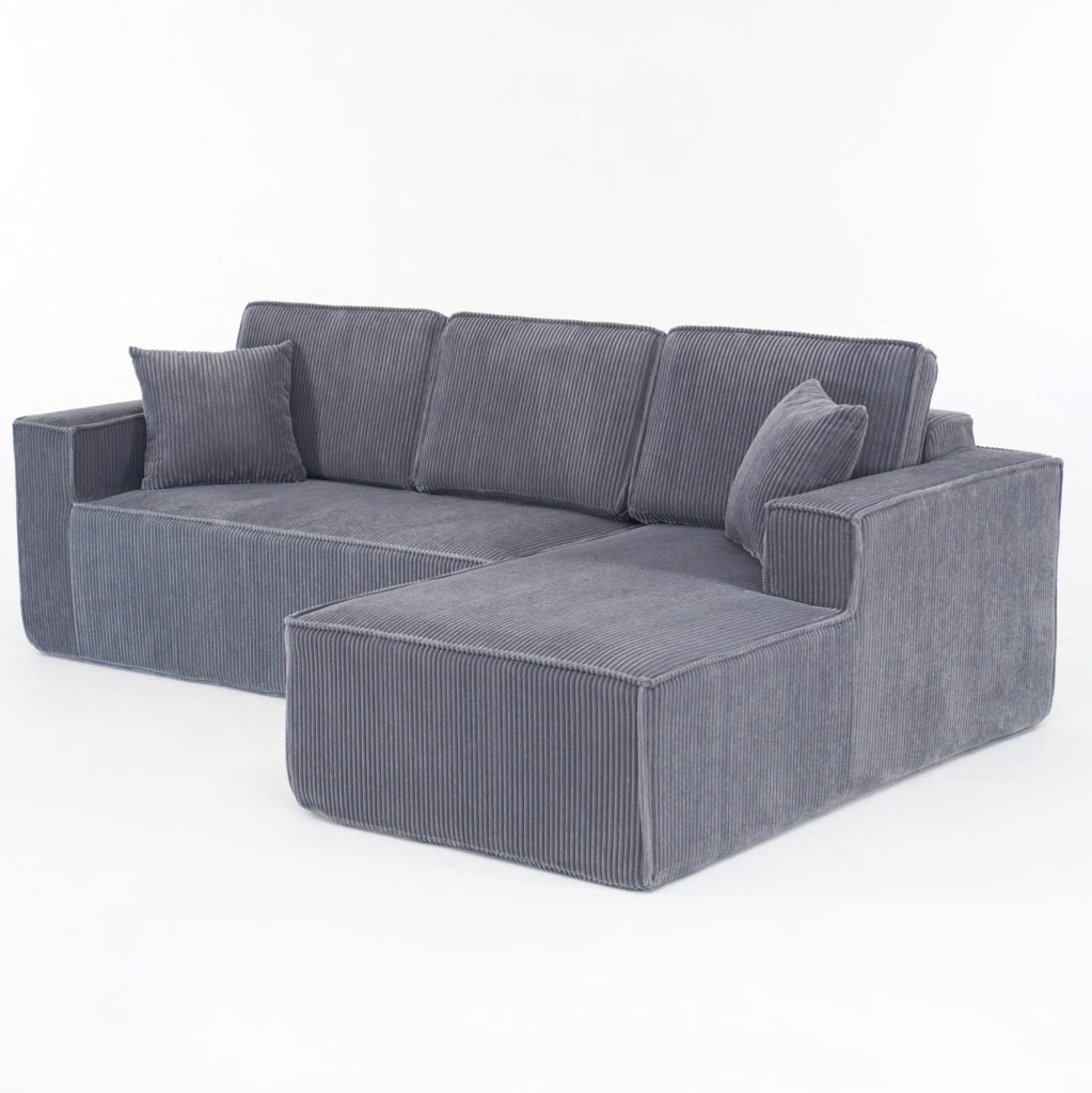 Divano angolare modulare a L 235x128x60 cm in velluto a coste grigio; con chaise longue