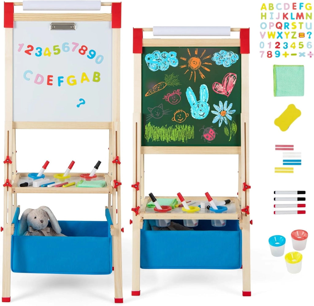 Cavalletto per Bambini Regolabile in Altezza in Legno, Cavalletto a Doppio Lato con Lavagna Magnetica e Bianca, con Scatola, Magneti con Lettere e Numeri, per Bambini 3-8 Anni (Rosa)
