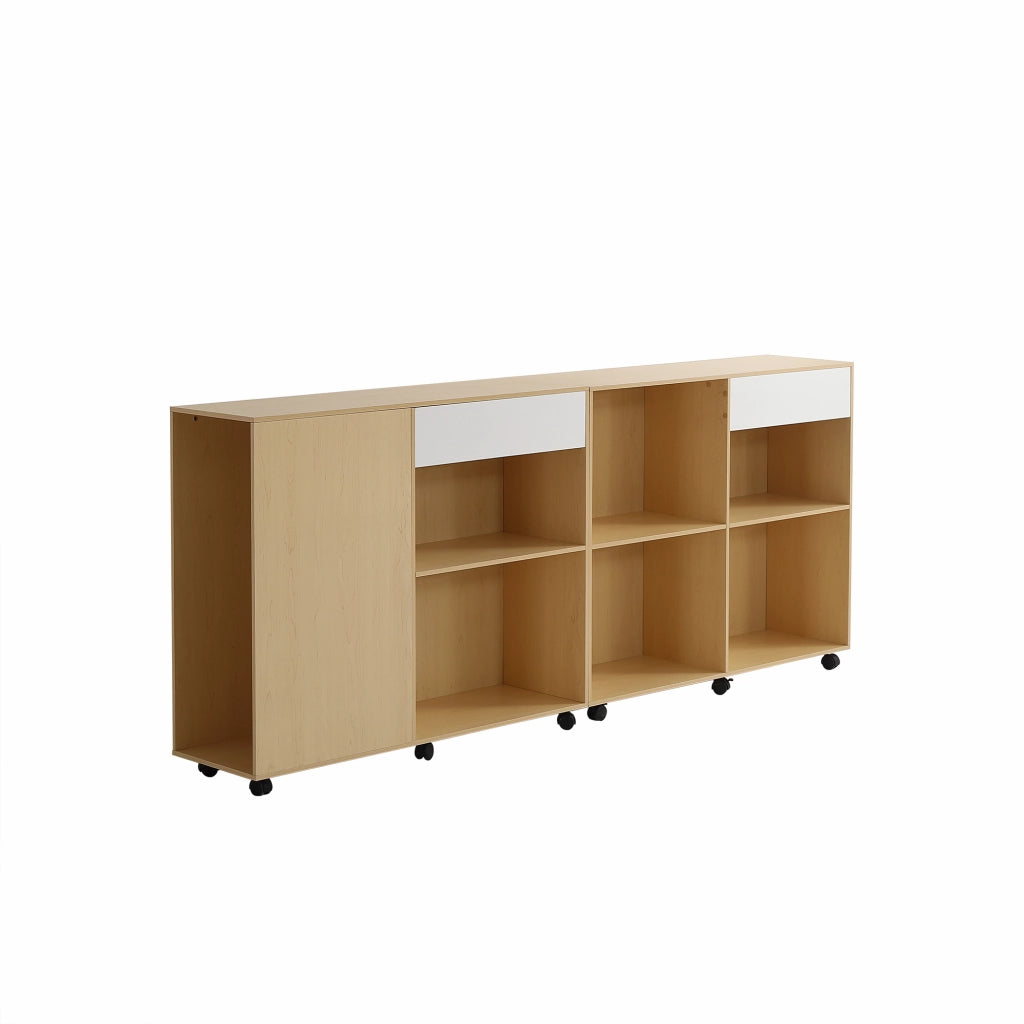 Mobile contenitore modulare con ripiani aperti e rotelle per soggiorno, camera e ufficio in MDF bianco e rovere chiaro