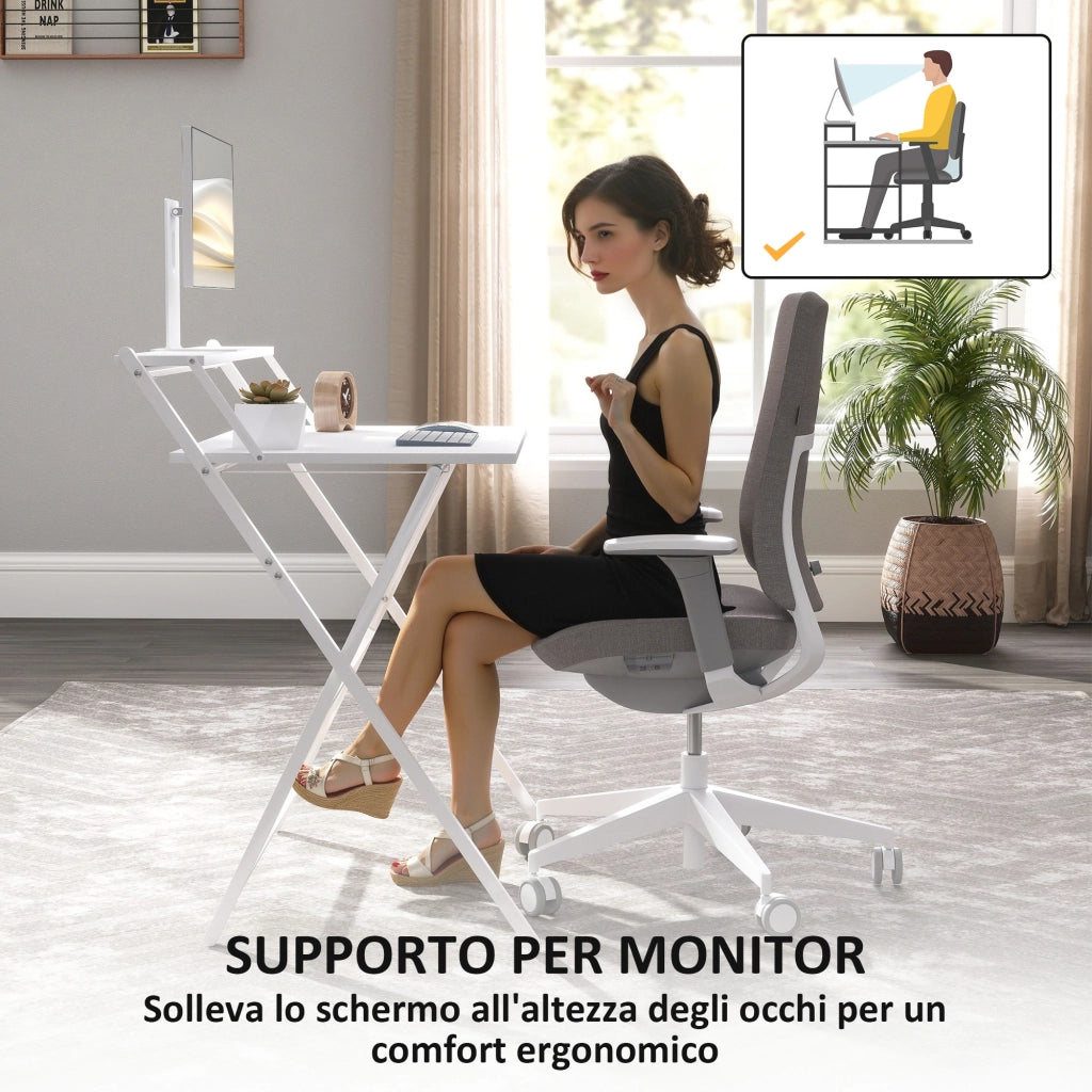 Scrivania Pieghevole 81,5x62x86,5 cm con Ripiano per Monitor Bianco