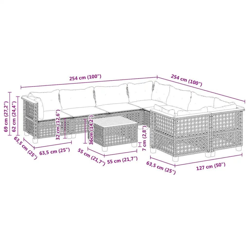 Set Divano da Giardino 9 pz con Cuscini Beige in Polyrattan 3261778