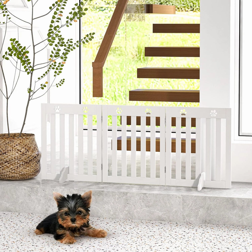 Cancelletto per Cani Pieghevoli 150 x 60 cm, Barriera per Cani in Legno a 3 Pannelli con Piedini Stabili, Recinzione per Scale, Ingressi e Corridoi (Bianco)