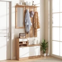Mobile Appendiabiti 3 in 1 con Scarpiera e Specchio, Ganci e Cassetti, in Legno, 90x24x177 cm, Bianco e Noce