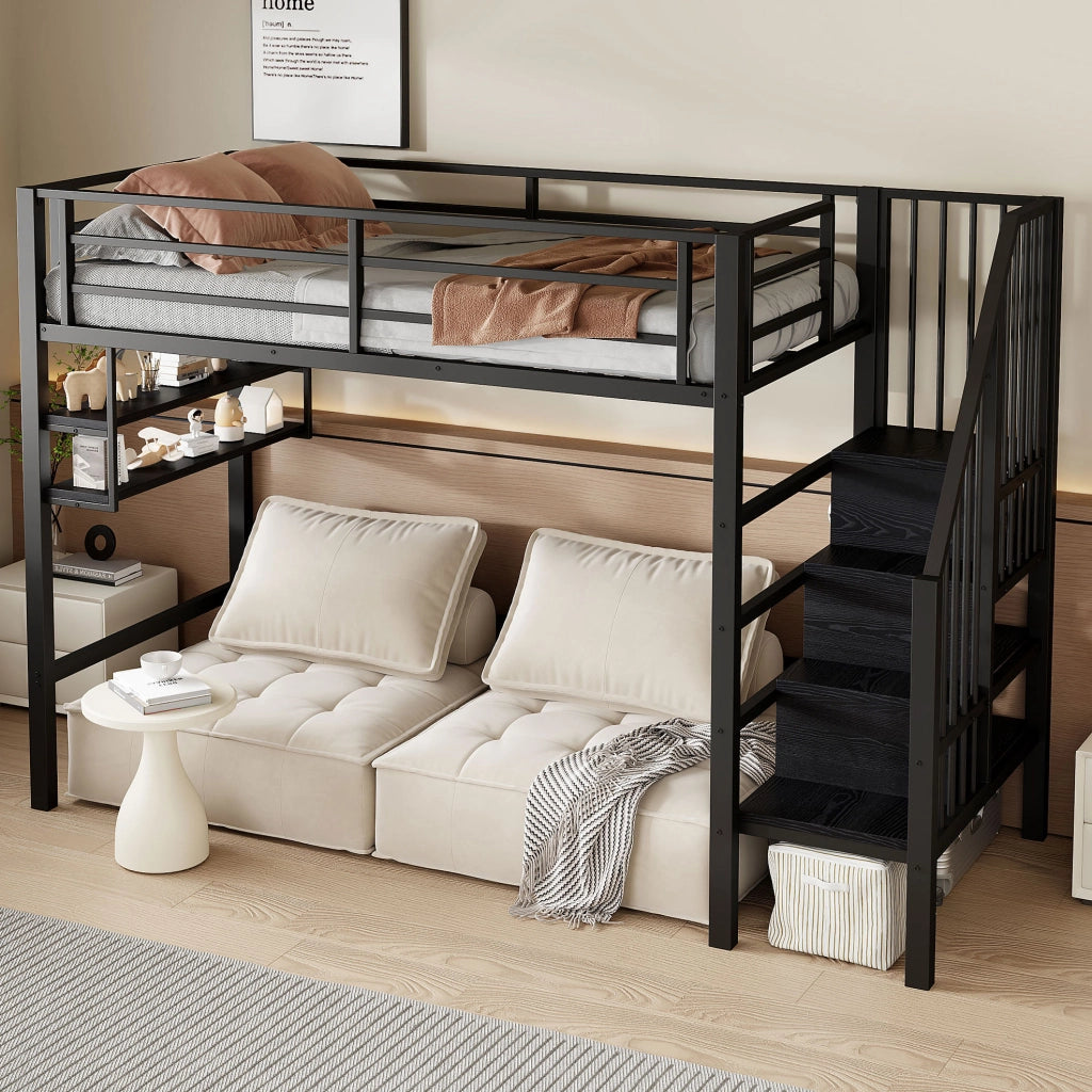 Letto a soppalco 90x200 cm con scaffali e scala contenitore in metallo e MDF nero