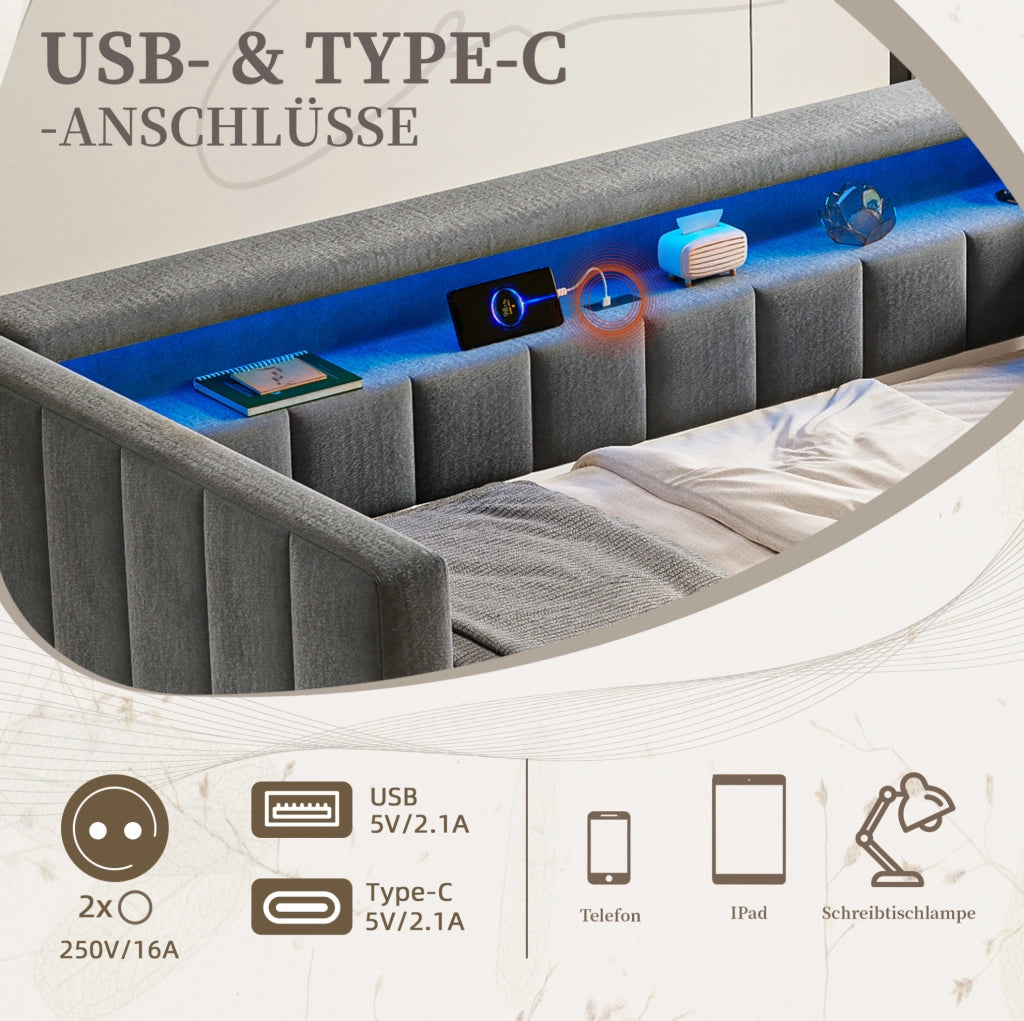 DIVANO LETTO Estraibile 90x190 cm Velluto Grigio Scuro con LED e USB-Type-C