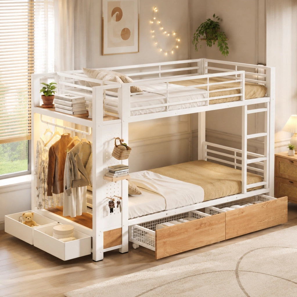Letto a castello 90x200 cm in MDF e metallo; bianco; con LED e 2 cassetti
