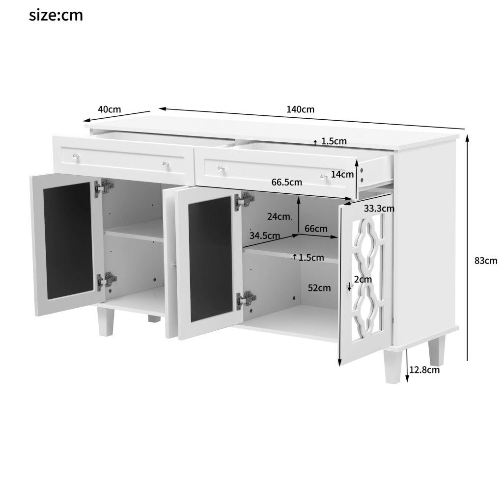 Credenza 140x40x83 cm con 4 ante a specchio; cassetti e ripiano regolabile; MDF bianco