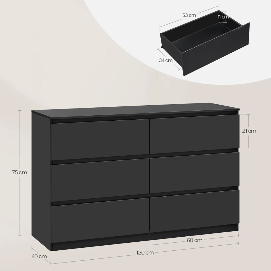Cassettiera Camera da Letto, Mobile Ingresso con 6 Cassetti, Salvaspazio e Moderno per Soggiorno, Corridoio, in Legno, 120x40x75 cm, Nero