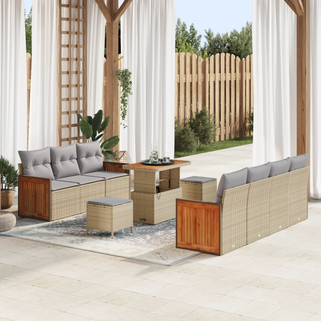 Set Divano Giardino  10 Pezzi con Cuscini Beige Polyrattan Acacia