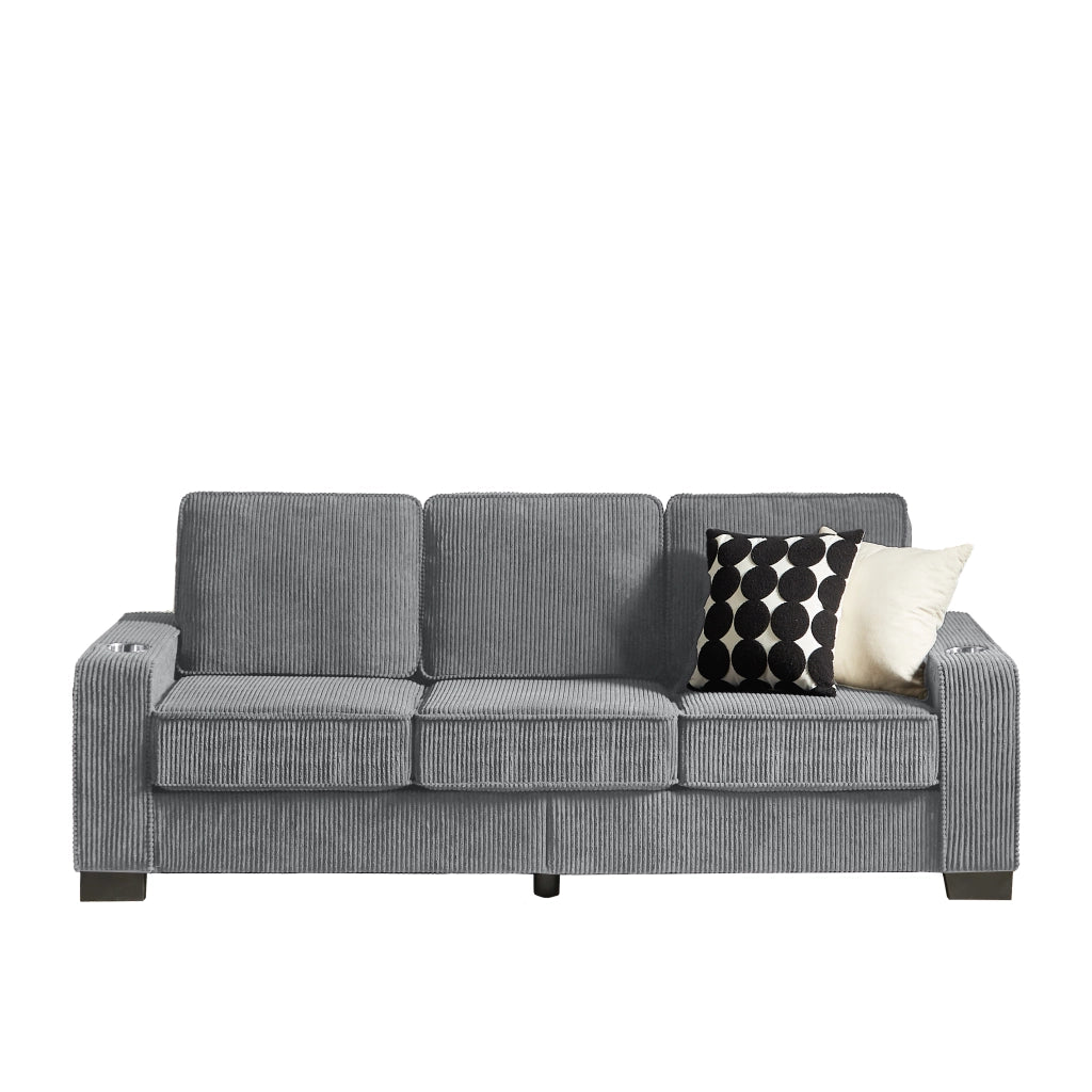 Divano lineare 3 posti con portabicchieri integrati e comfort ergonomico in corduroy grigio