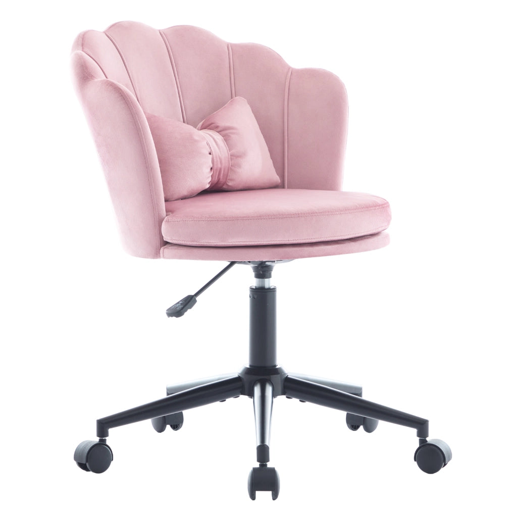 Sedia girevole regolabile in velluto rosa con schienale a petalo e cuscino lombare; 55x62x73-83 cm