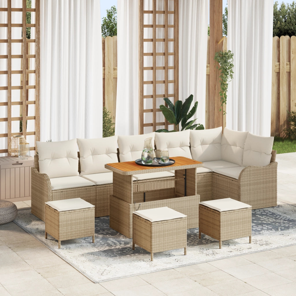 Set Divano da Giardino da 10 Pezzi con Cuscini Rattan Beige Acacia