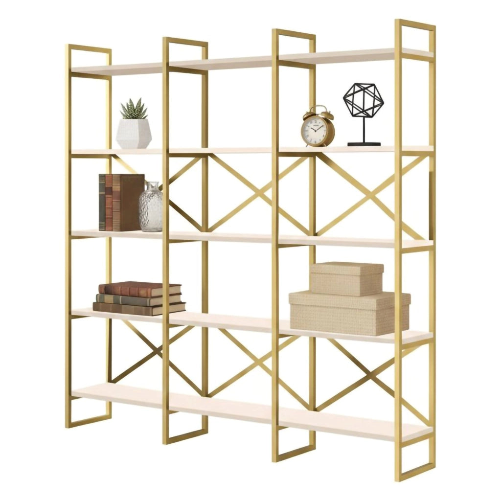 Libreria Gauro, Scaffale da ufficio, Mobile portalibri, Biblioteca, 170x30h175 cm, Bianco e Oro