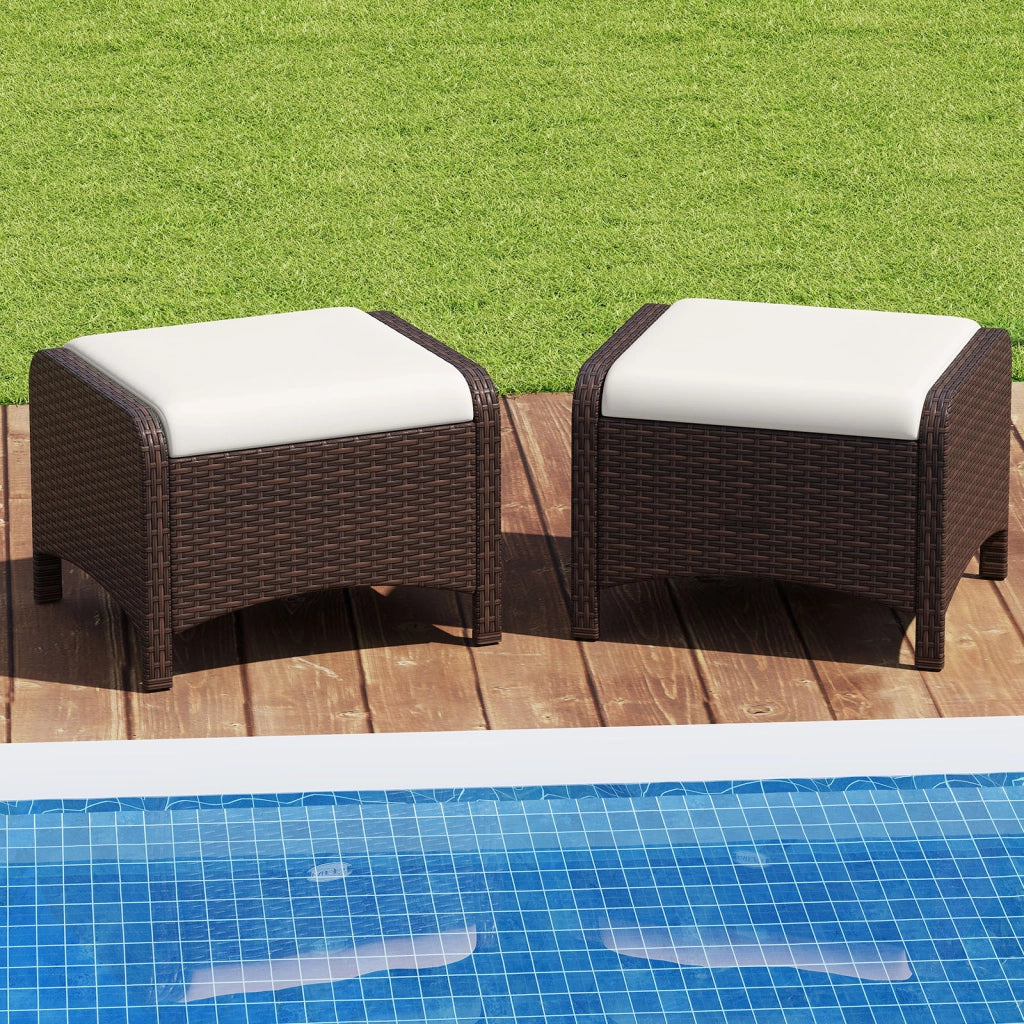 Set di 2 poggiapiedi da giardino in PE rattan con cuscino rimovibile, Pouf da esterno ottomano multiuso Bianco