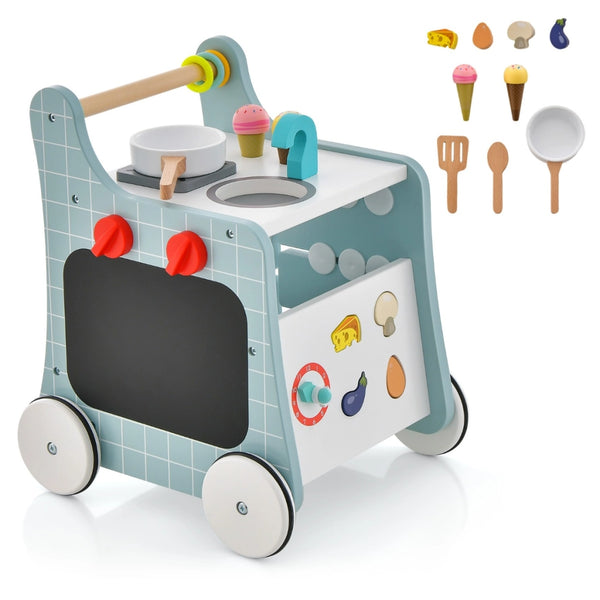 Primi passi per bambini in legno 6 in 1, Carrellino primi passi per spingere e tirare con cucina giocattolo Blu-Primi passi