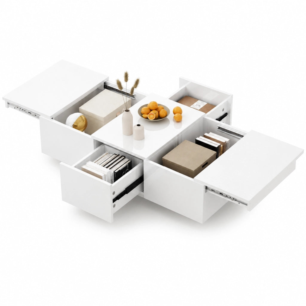 Tavolino da caffè 100x50x31 cm; vani nascosti e cassetti; truciolare bianco