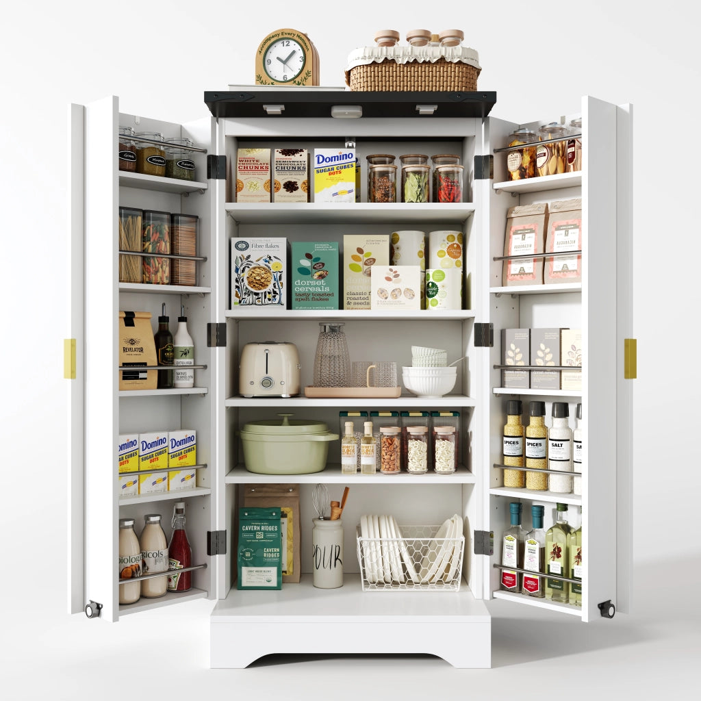 Mobile Dispensa 60;5x40x120 cm Bianco con LED Sensore; 2 Ante; Ripiani Regolabili e Portaspezie