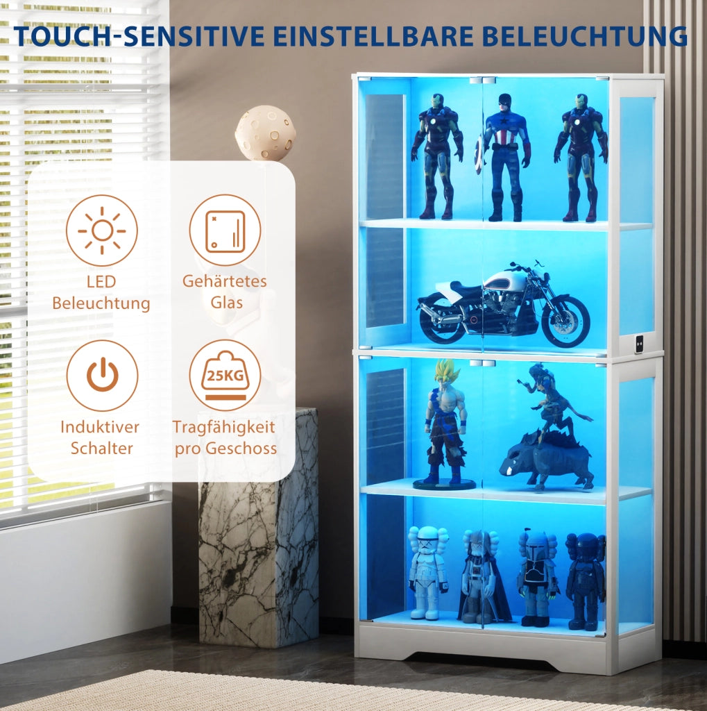 Vetrina in vetro con LED; sensore di movimento e ante in vetro 80x35x165 cm; bianca