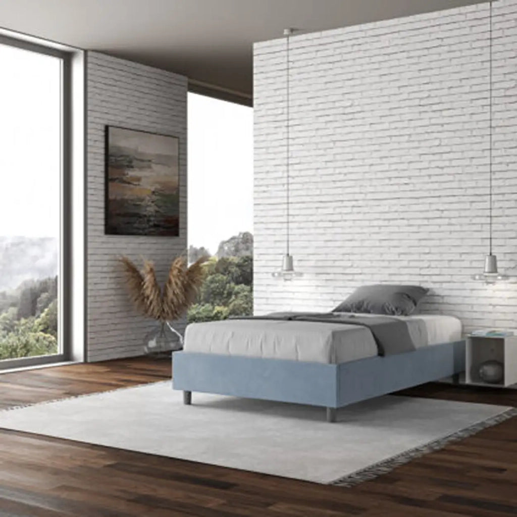 Letto una piazza e mezza senza rete imbottito 120x190 microfibra azzurro Azelia