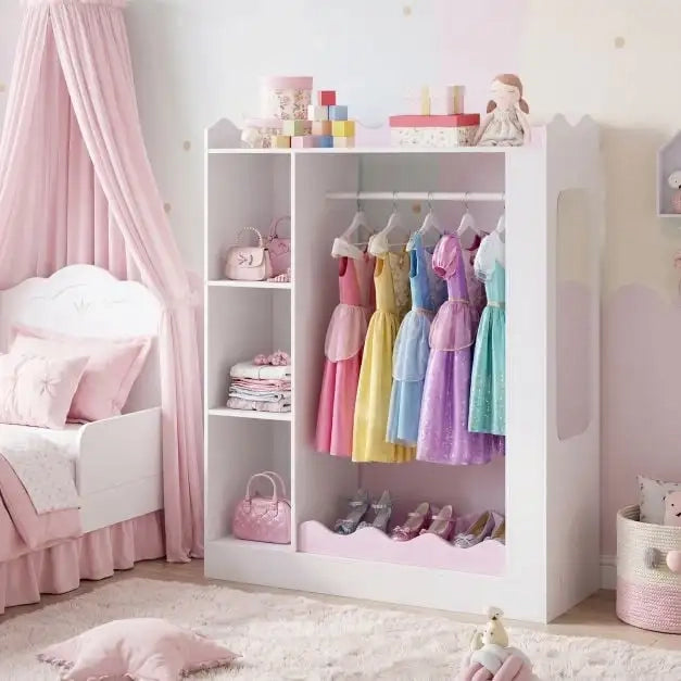 Armadio appendiabiti per bambini con specchi e ripiani rosa per cameretta organizzatore vestiti e giochi