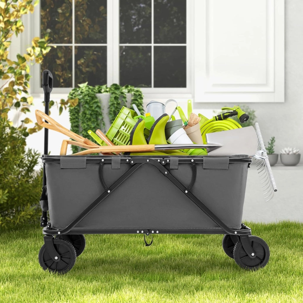 Carrello da Spiaggia Pieghevole 170 L, Carrello con Ruote Portatutto con Maniglia Regolabile e 360° Ruote, Portabottiglie e Tasca Portaoggetti, Carretto Giardino per Campeggio (Grigio)