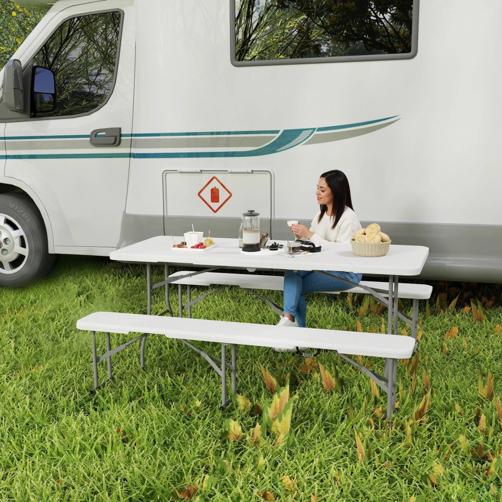 Set da Pic Nic Pieghevole 3 Pezzi con Tavolo e 2 Panche ¨C Zephmum ¨C HDPE, Metallo, Bianco e Grigio Chiaro