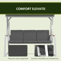 Dondolo da Giardino 3 Posti con Tettuccio Inclinabile, in Acciaio, 205x130x175 cm, Grigio Scuro