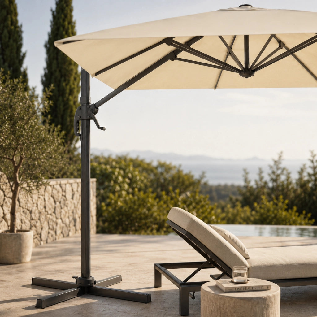 Ombrellone Girevole 360° Rotante Decentrato Rettangolare 4X3 M Con Struttura In Alluminio E Braccio In Acciaio Base A Croce Custodia Inclusa Per Giardino Terrazza Patio Piscina Ecrù