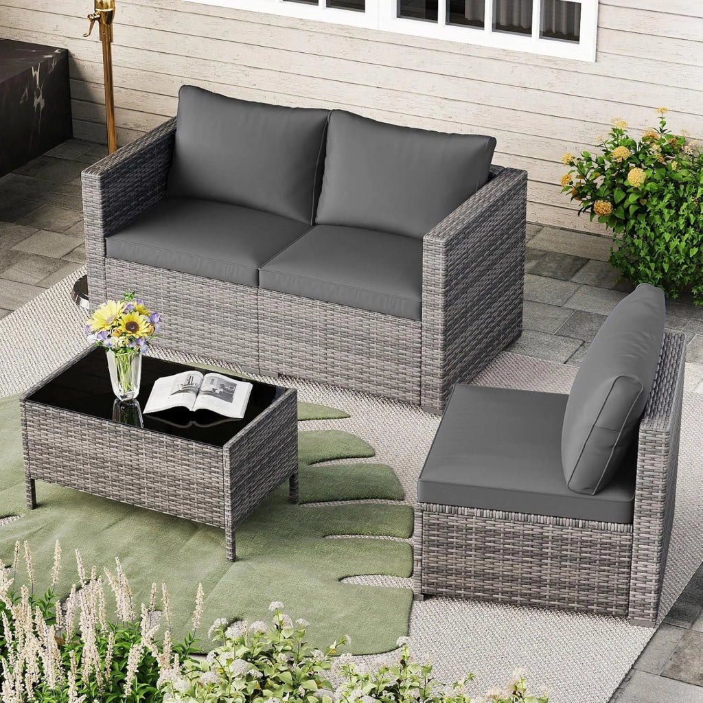 Divano da Giardino a 3 Posti in Rattan con Cuscino Imbottito, Mobili per Terrazza e Balcone, Colore Beige, 193 x 67 x 61,5 cm (Grigio)