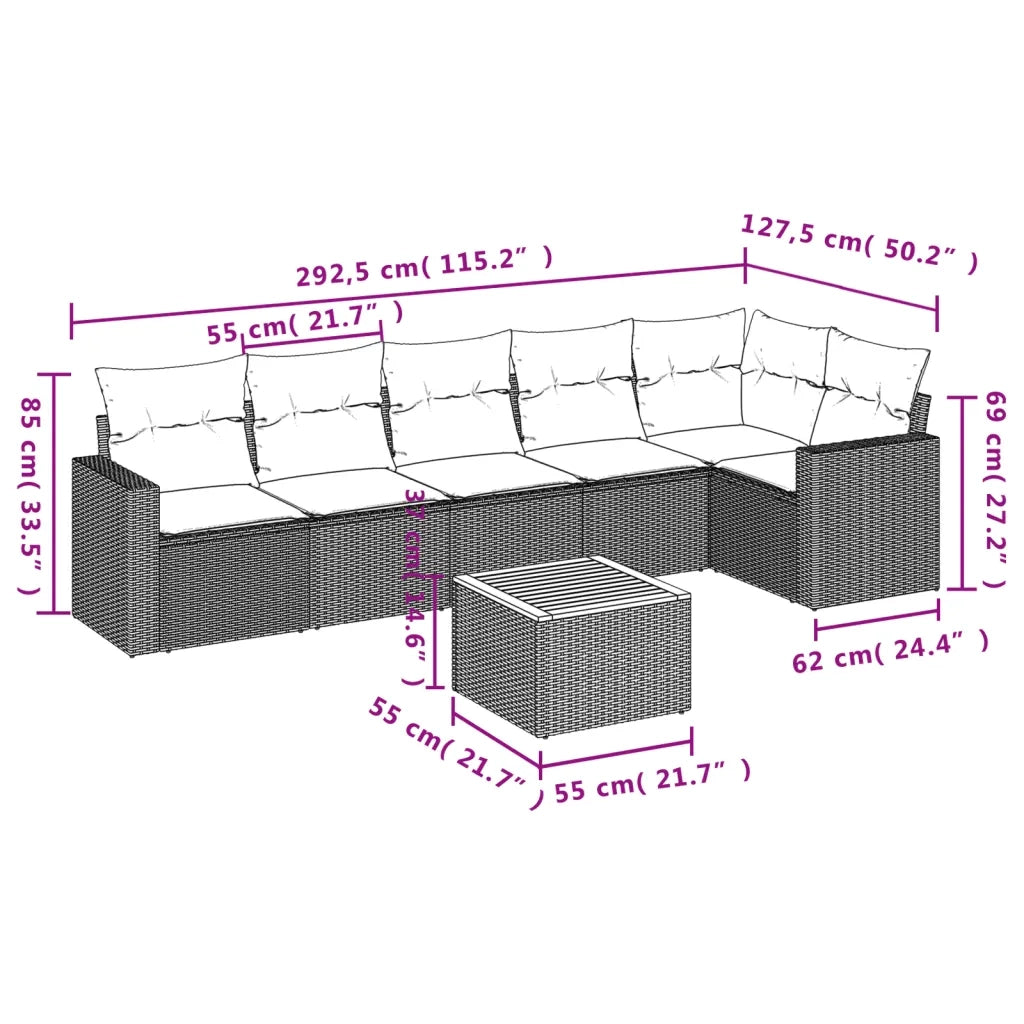 Set Divani da Giardino 7 pz con Cuscini Beige in Polyrattan