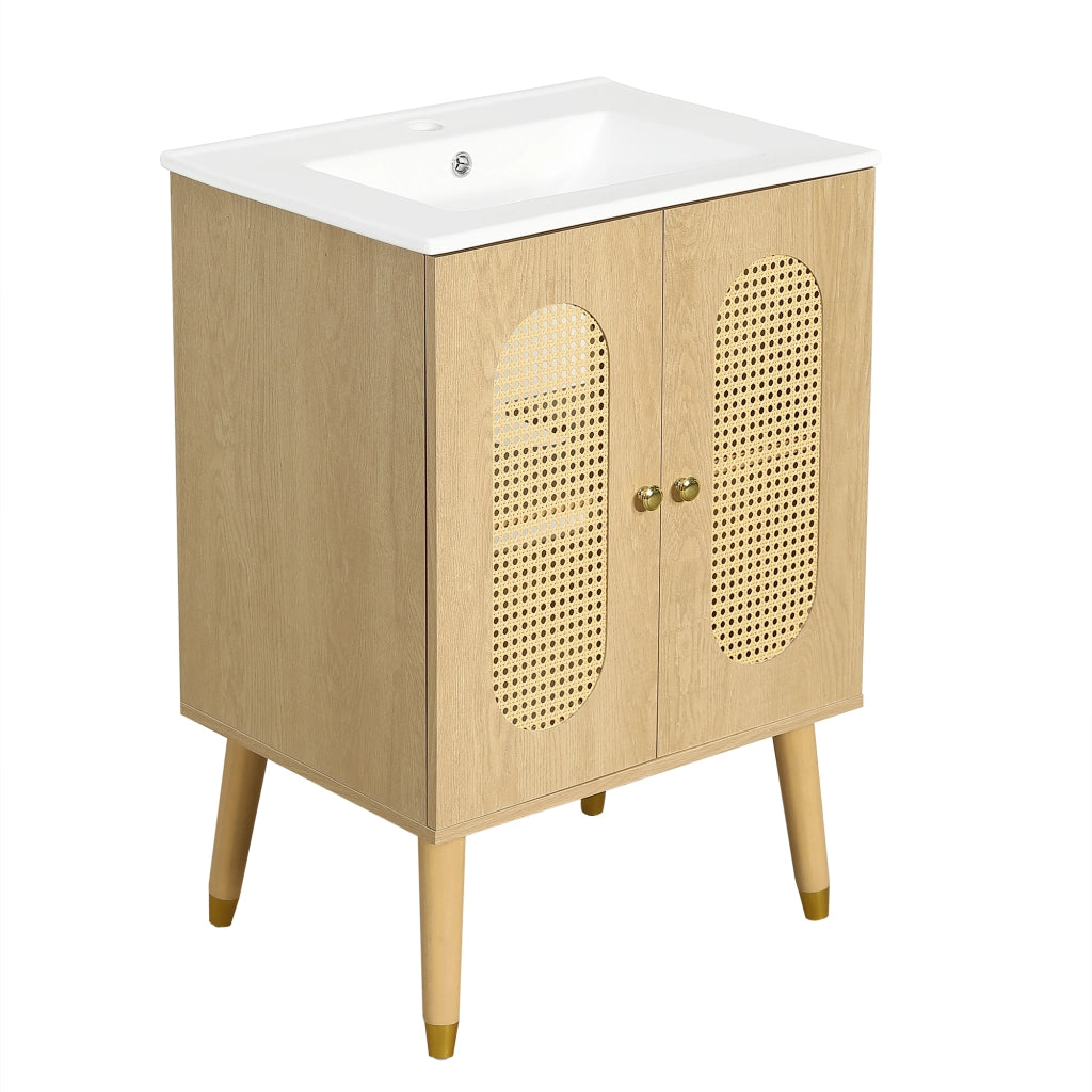 Mobile Sottolavabo 61x47x89 cm Effetto Legno con 2 Ante in Rattan e Ripiani Interni