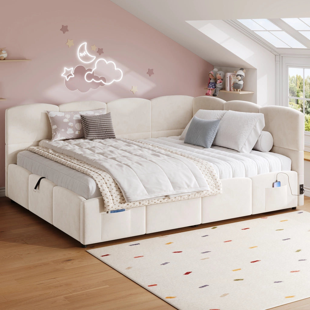 Letto imbottito con funzione divano e contenitore in velluto beige 140x190 cm