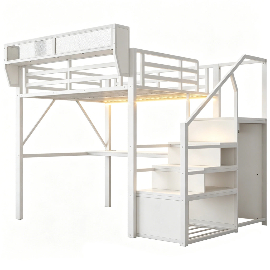 Letto a soppalco bianco 140 x 200 cm in metallo con scrivania e LED