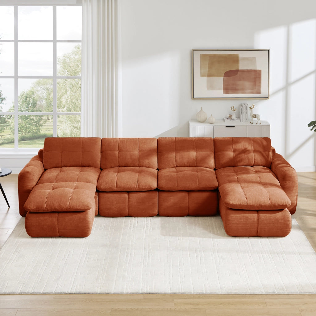 Divano modulare 4 posti senza struttura con rivestimento in chenille arancione