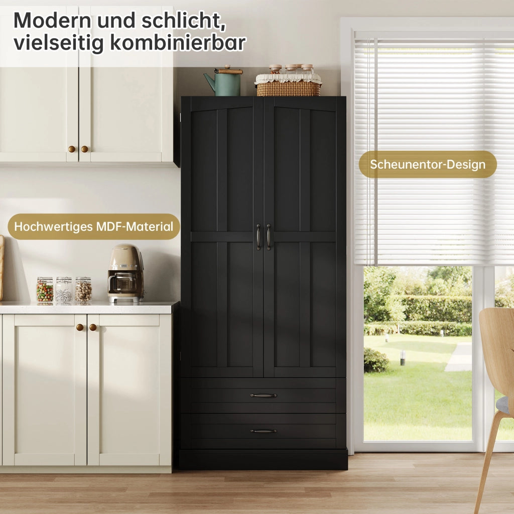 Credenza alta con 3 ripiani estraibili, 2 cassetti e ripiani nelle ante, in MDF nero, per cucina e soggiorno, 80 × 37,5 × 180 cm