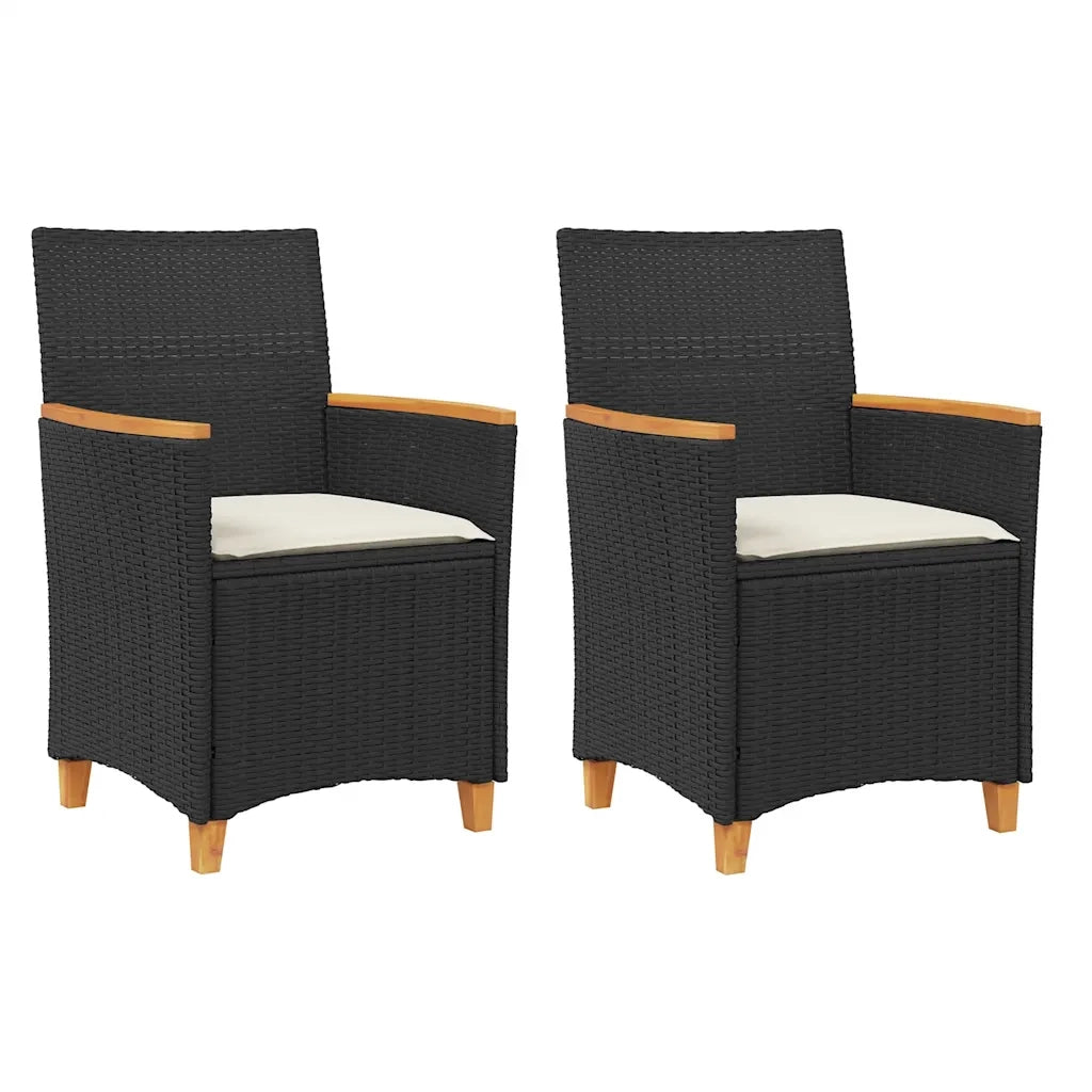 Sedie Giardino con Cuscini 2 pz | Sedie da Esterno Nere Polyrattan e Legno Massello