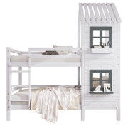 Letto a Castello 90x200 cm; 2 Posti - con Finestre; Sponda e Scalette - Bianco e Grigio