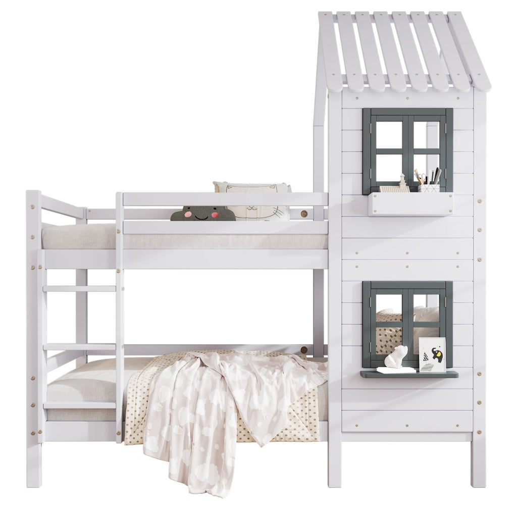 Letto a Castello 90x200 cm; 2 Posti - con Finestre; Sponda e Scalette - Bianco e Grigio