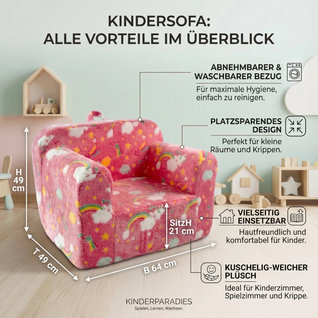 Poltrona per bambini in tessuto con braccioli, fodera sfoderabile e motivo luminoso, leggera, in schiuma rosa