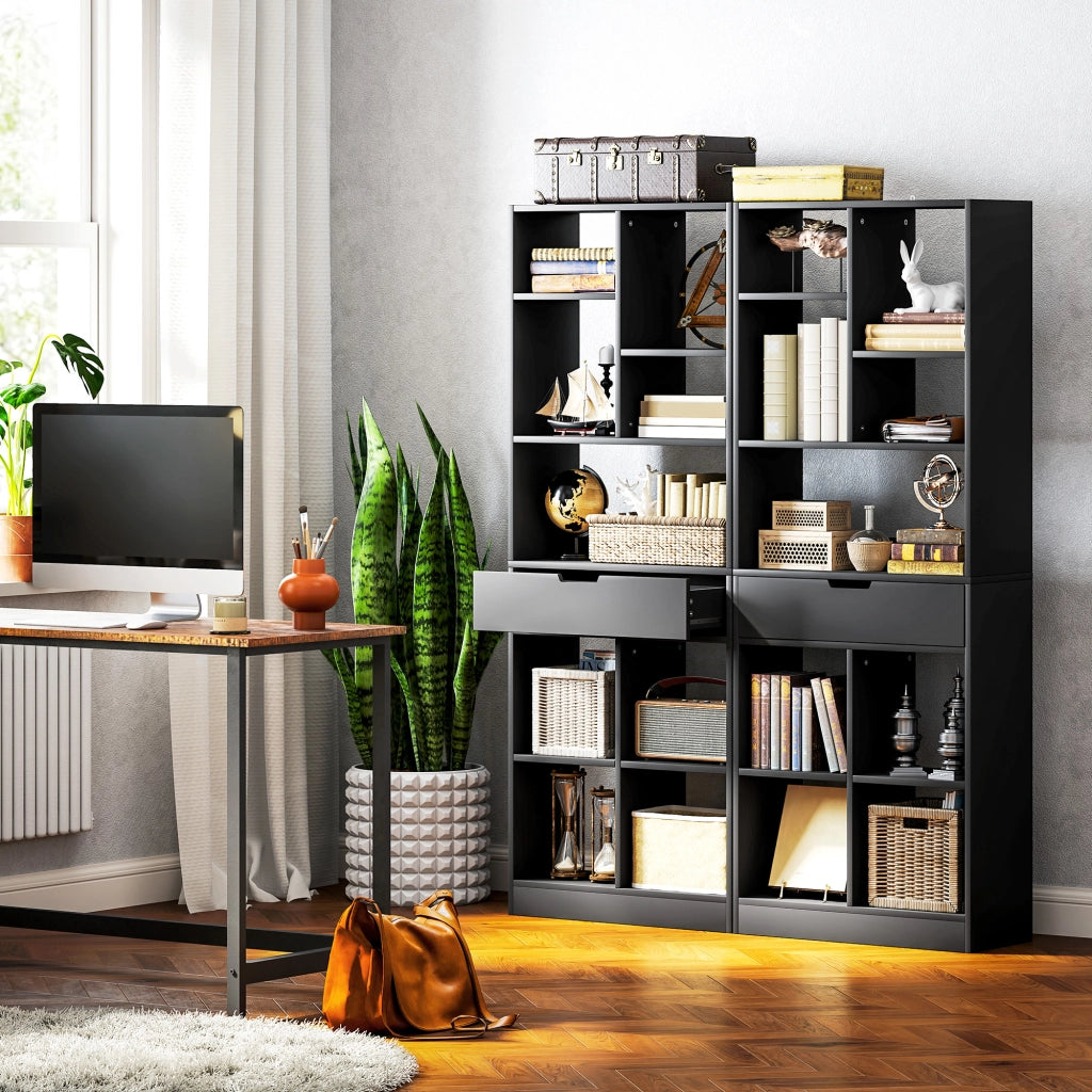 Libreria Moderna in Legno con Cassetto Centrale e Kit Antiribaltamento. 60x26x158 cm. Nero