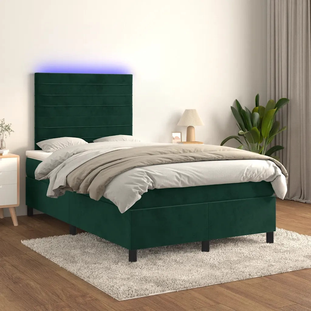 Letto a Molle con Materasso e LED Verde Scuro 120x190cm Velluto