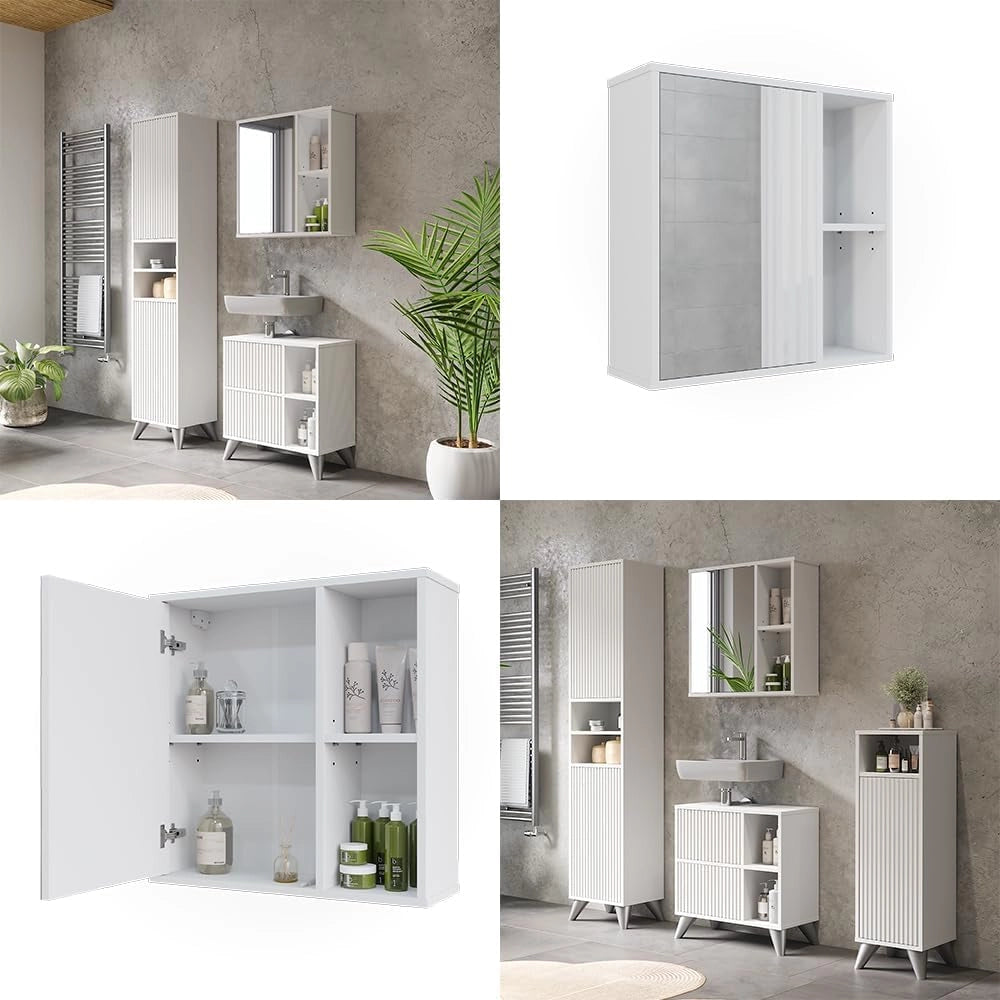 Mobile a specchio per il bagno Leano, Bianco, 60 x 60 cm, adatto per la conservazione di articoli da bagno e asciugamani
