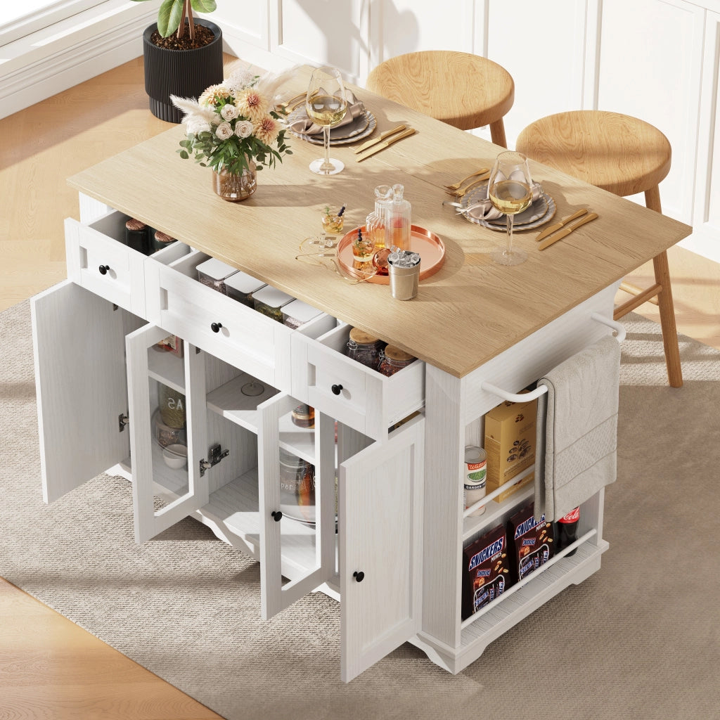 Carrello da Cucina con Cassetto; Vani Contenitore e Piano Ribaltabile; in MDF Metallo e Vetro; Bianco Naturale; 151;5 x 60 x 91;7 cm