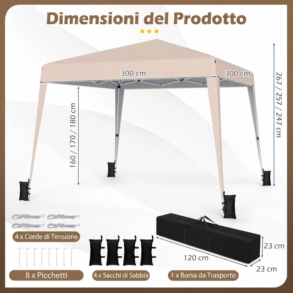 Gazebo da Giardino 3 x 3 M, Tendone Parasole con Telo Impermeabile e Resistente, Sacchi di Sabbia, Pieghevole, Portatile e Altezza Regolabile, per Esterno, Mercati, Fiere e Campeggio (Beige)