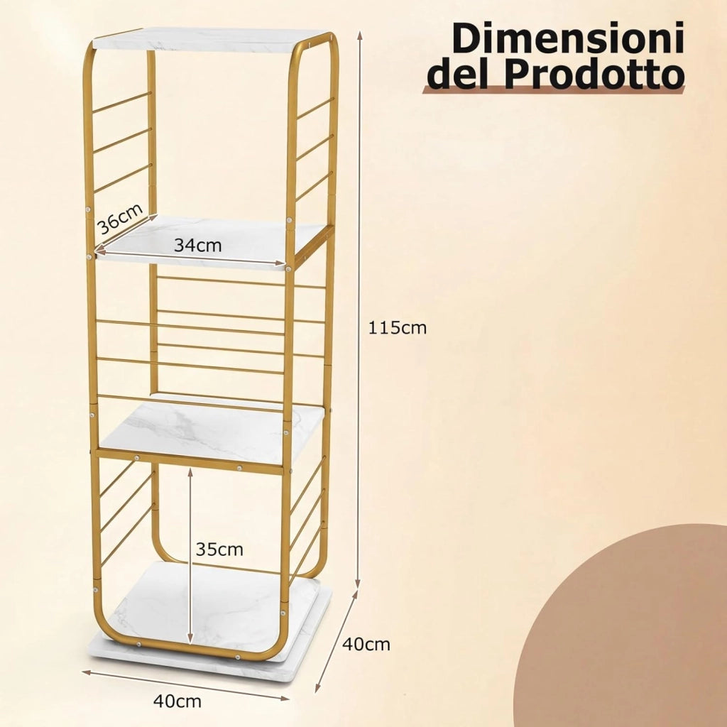 Supporto Giradischi Girevole a 4 Ripiani, Porta Dischi Rotante a 360° con Struttura in Metallo, Scaffale d'Angolo Salvaspazio per Casa, Ufficio e Soggiorno, 40x40x115 cm (Oro)