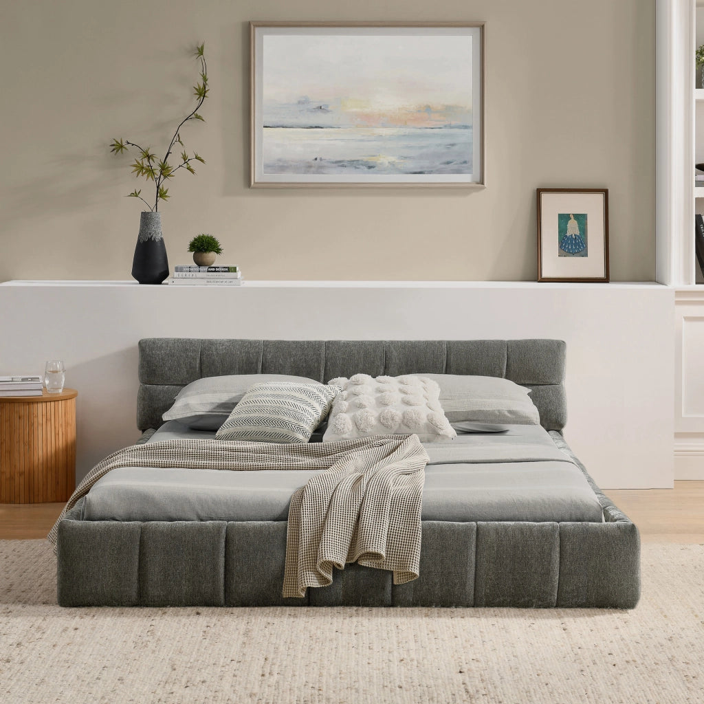 Letto matrimoniale 140x200 cm in chenille Dark Gray con struttura in eucalipto e ferro