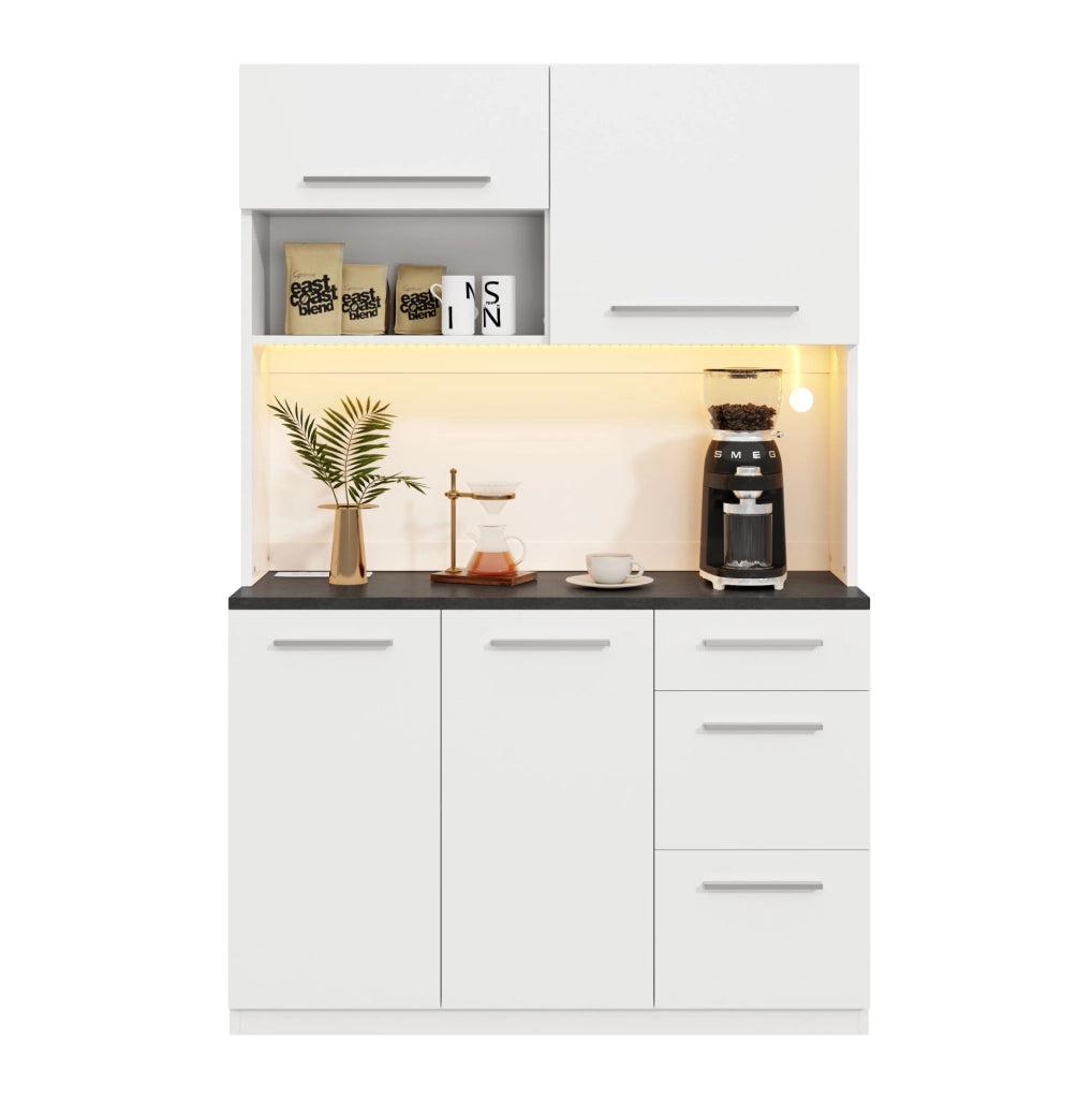 Credenza alta 120x40x180 cm con ampio spazio; prese integrate e LED multicolore; truciolare bianco