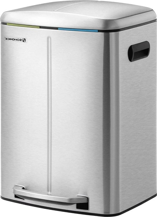Doppia Cassetta Rifiuti 2 x 20L Cestini in Metallo - Imbuti in Plastica - Coperchio Scorrevole - Chiusura Morbida - Eterno - Cassetta Rifiuti 60L in Acciaio Inox