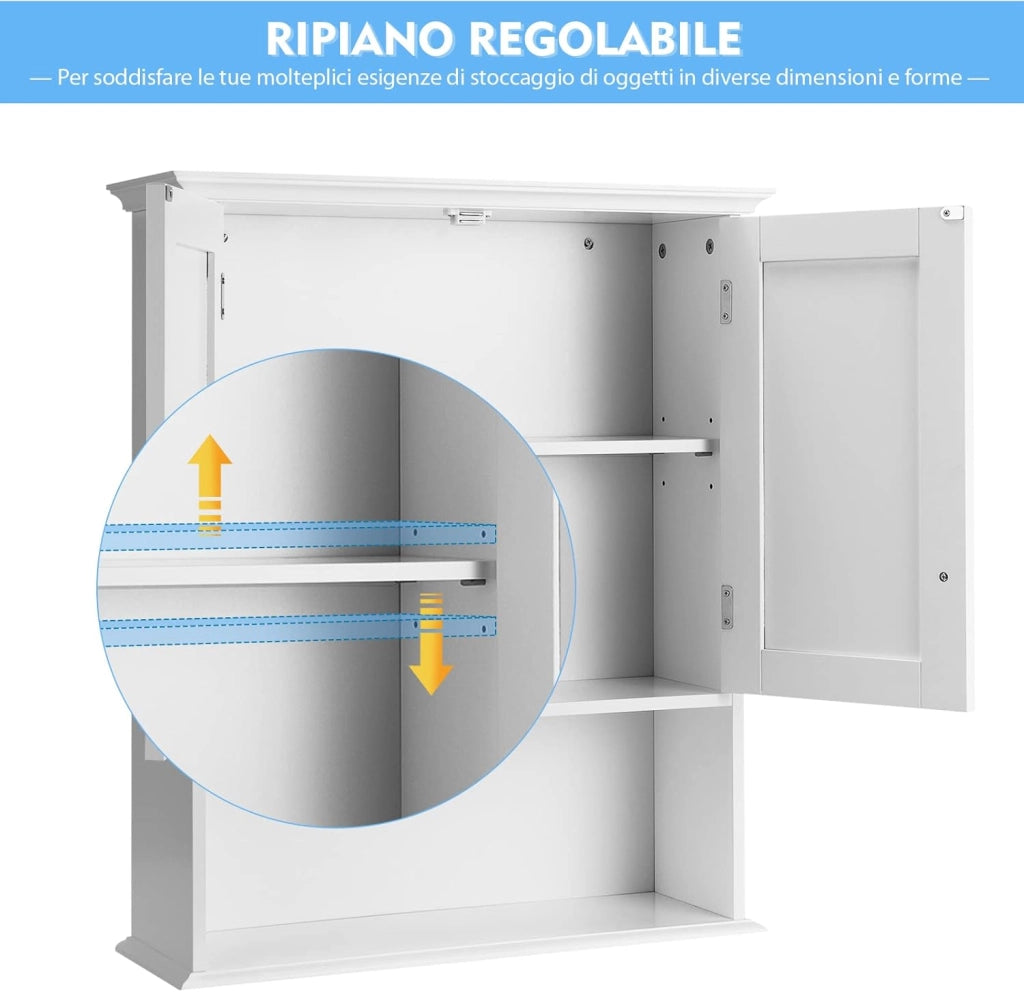 Mobile da Bagno a Parete, Armadietto Bagno in Legno con Ante e Ripiani, Mobile Multiuso per Bagno, Cucina, Camera da Letto, 60 cm x 19 cm x 71 cm, Bianco